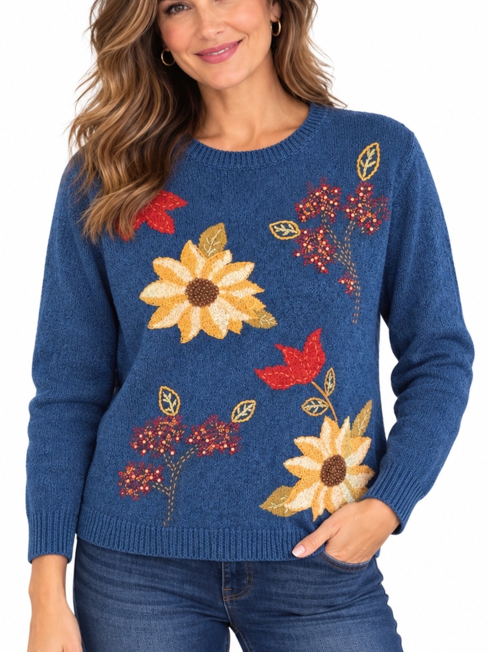 Alfred Dunner Blue Embroidered Floral Fall Sweater Size M